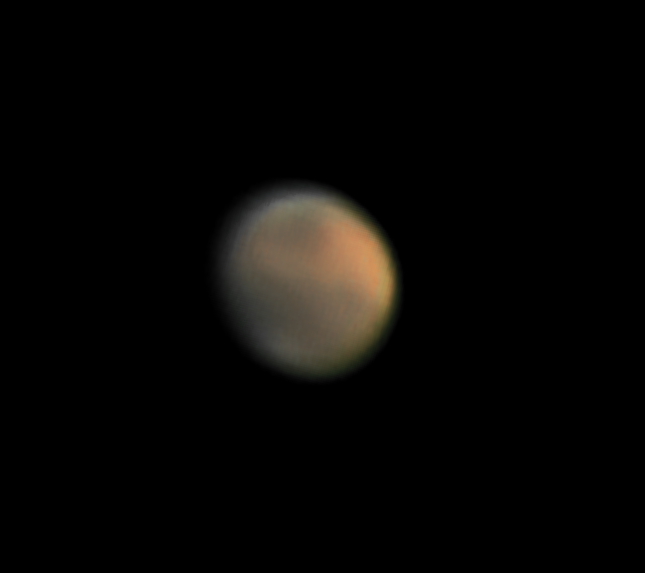 Mars on January 30, 2023. Stack of  ~2000 frames produced with AutoStakkert!3 using 3x drizzling. Post-processing was done using waveSharp and Gimp. The final image was downsampled by a factor of 0.75.